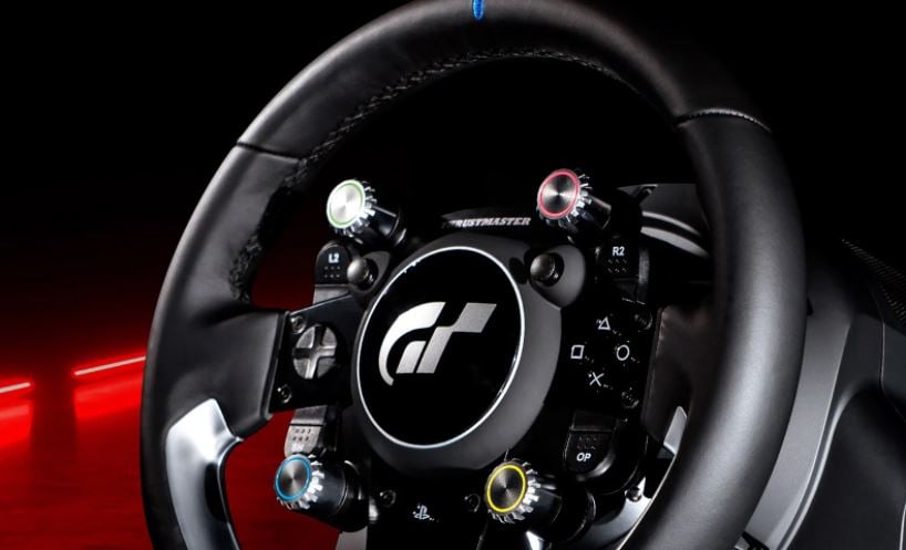 Thrustmaster T-GT II Racing Wheel is tilted slightly to the left to show the front of the wheel.